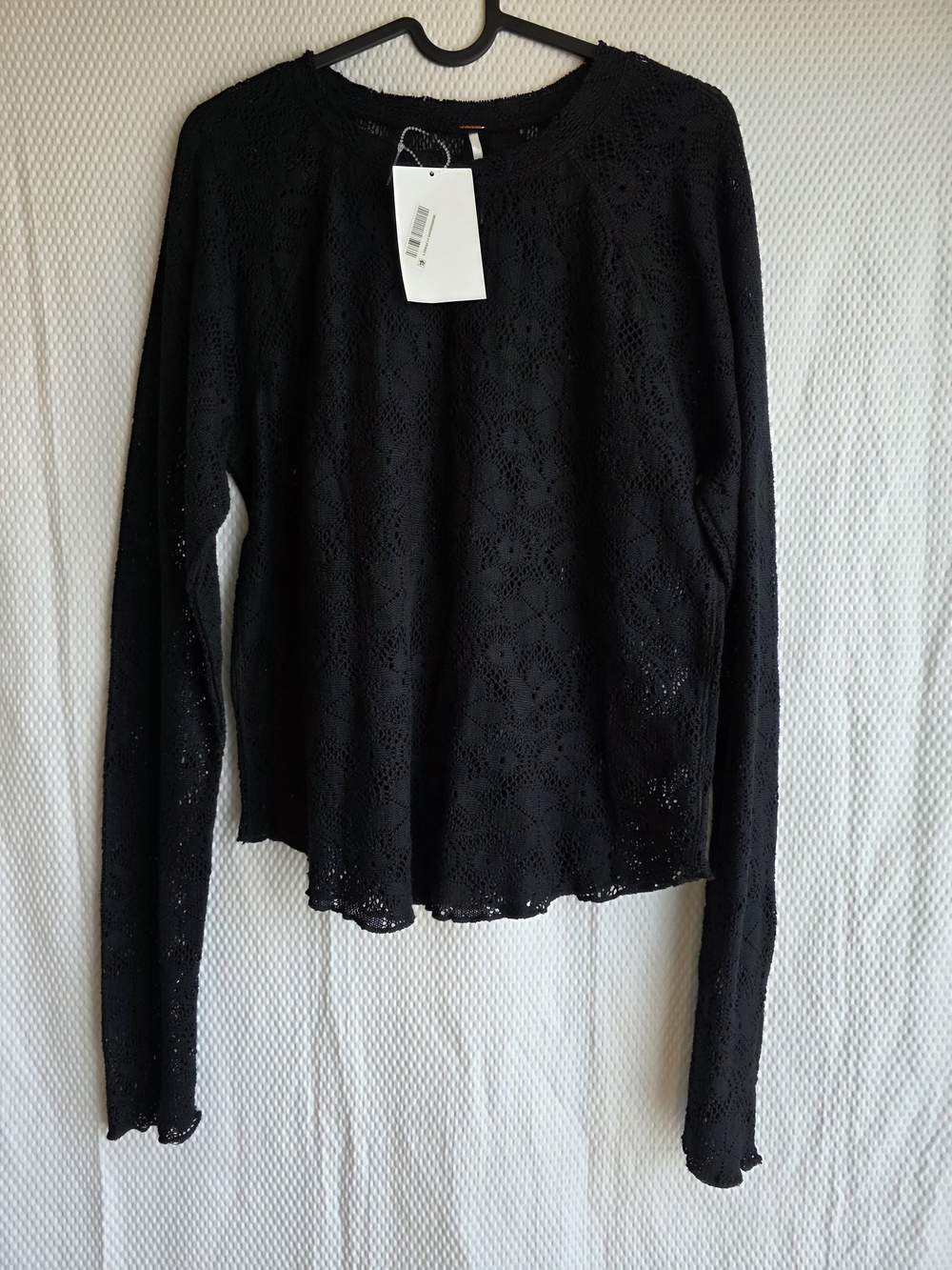 Free People Black Crochet Lace Long-Sleeve Top Size L